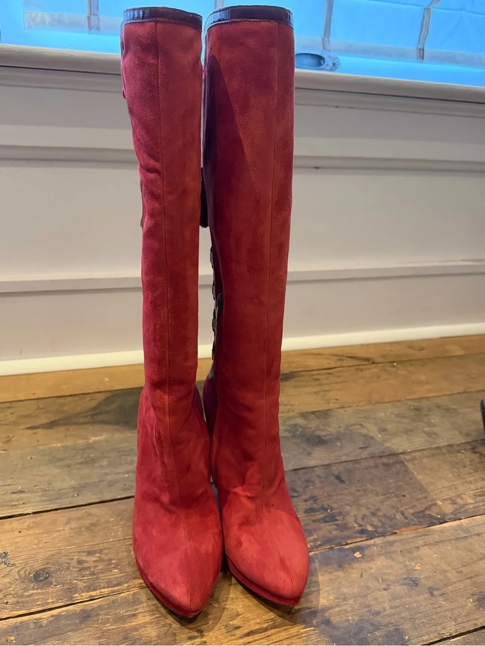 Joan & David Red Suede Tassel Lace-Up Over-the-Knee Boots